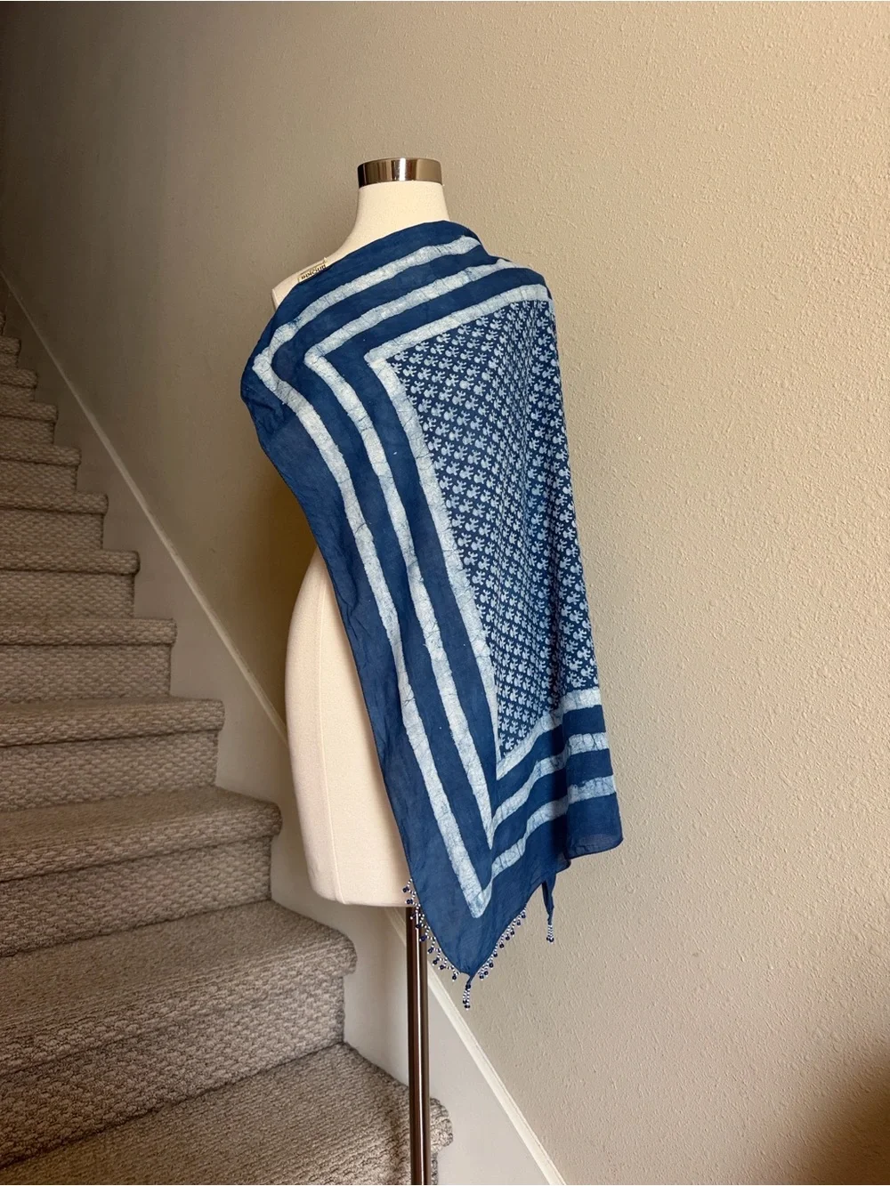 Taraliya by Anokhi Blue 100% Cotton Scarf with Beaded Fringe